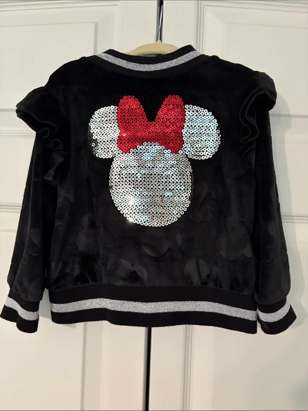 Disney Minnie Mouse Full Zip Velvet Jacket With Sequinned Minnie On Back 2T EUC